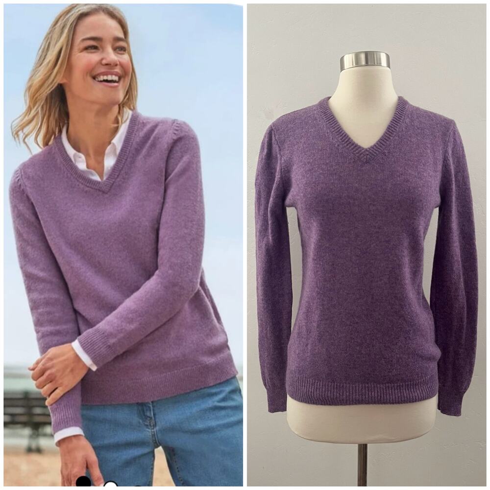 WoolOvers Lambswool Knit Sweater V-Neck Pullover Minimalist Preppy Purple Small